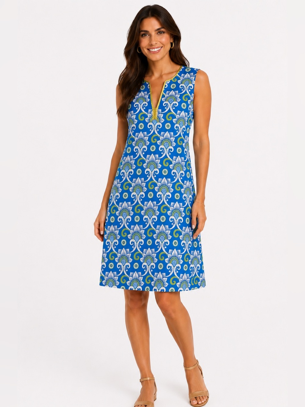 J McLaughlin Size M Blue Green Medallion Print Sleeveless Catalina Cloth Dress